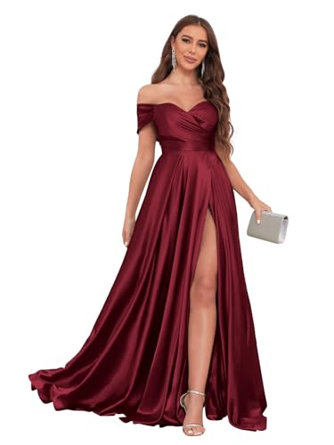 Image of JKMMYO Satin Bridesmaid Dresses for Women Off The Shoulder Pleated Long Formal Evening Dress