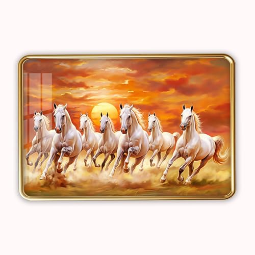 Image of 7 Running Horses Photo Frame, Ultra High Gloss Lamination, Vastu Painting for Living Room, Office, 12x18 Inch (Design 9)