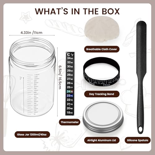 Sauerteig-Starter-Set, Thyme Space 1200ml Sauerteig-Starter-Set mit Holzdeckel und Stoffabdeckung, Datumsmarkierung, Thermometerband, Sauerteigbehälter für die Herstellung von Brot