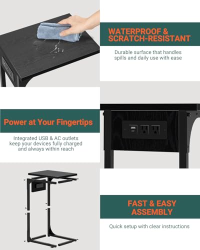 Image of C-Shaped Side Table for Couch - Small Coffee Stand Sofa Tray Desk with Metal Frame Waterproof Scratch Resistant Wood Top and Built-in Charging Station, Black