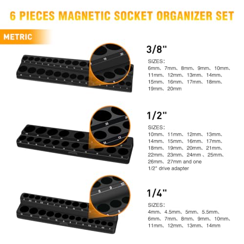Image of GOOACC 6 PCS Magnetic Socket Organizer, Heavy Duty Socket Organizer Tray 1 /4 inch 3 /8 inch 1 /2 inch SAE Metric Drive Sockets Holds 143 Magnetic Socket Holder for Tool Box Drawer Chest Garage Storage, Black&Green
