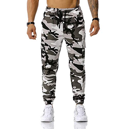 Grajtcin Men's Sweat Camo Cargo Joggers Pants Athletic Training Pants Casual Trousers For Men Drawstring Polyester Exercise Pants With Elastic Waist Grey M #TOP1