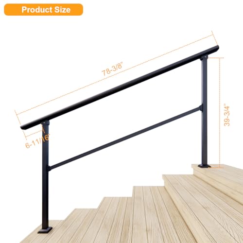 DIYHD 6 Step Handrail for Outdoor,Powder Coated Iron Stair Railing,Black Hand Rails for Indoor, Porch,Deck,1 Pack