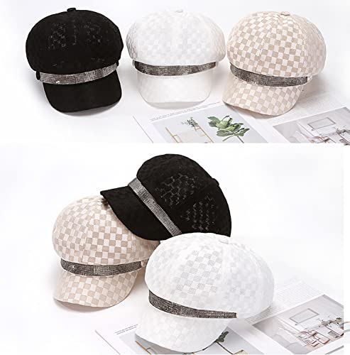 Bling Newsboy Hats For Women Summer Girls Lace Visor Berets With Rhinestone Mesh Breathable Paperboy Caps (Plaid White) #TOP1