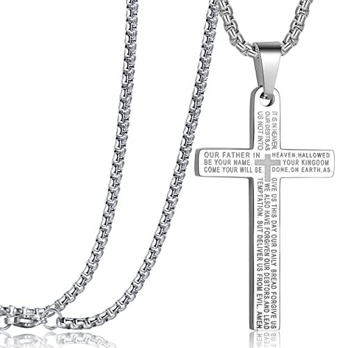 Rehoboth Stainless Steel Lord's Prayer Cross Pendant Necklaces Bible Verse for Men or Women Chain 24 Inch Black Gold Silver