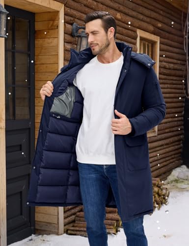 Image of Men's Winter Long Puffer Jackets, Water-Repellent Down Parka Warm Coats Outerwear with Detachable Hood & Carry Straps