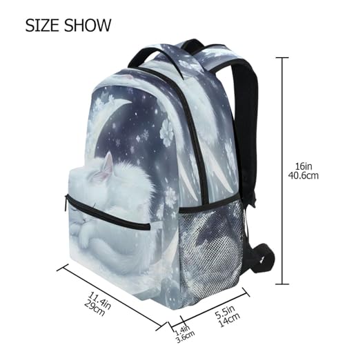 White Cat Sleeping Moon Backpack for School Boys Girls Adults Kids Bookbag Laptop Bag 18L4