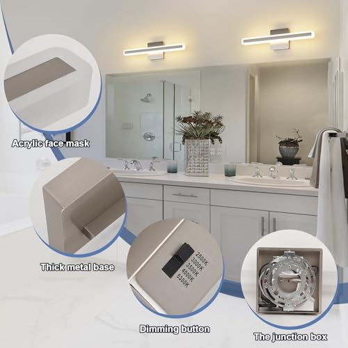 Image of Modern Vanity Light 15.7 inch 16W Dimmable 5CCT Led Bathroom Light Fixture Over Mirror, Brushed Nickel Vanity Light for Bathroom Mirror Cabinets-ETL Certificated