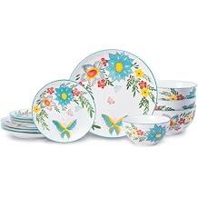 HomePop Ceramic 12-Pieces Dinnerware Sets,Dish Plates and Bowls Sets - Red