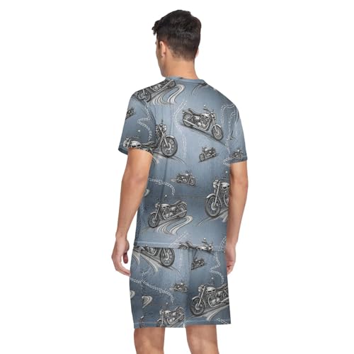 Mens Short Sleeve Pajama Set Motorcycle Pattern on Blue 2-piece Lounge Sleep Sets Men's Sleepwear S-XXL2