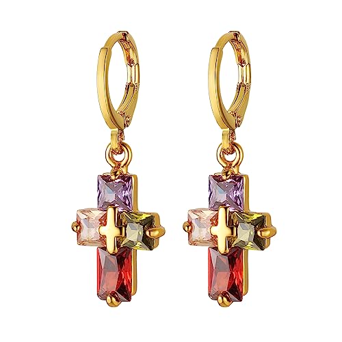 HZMAN Cross Earring for Women 14K Gold Plated Hypoallergenic Dangle Hoop Earrings Dainty Crystal Cubic Zirconia Earrings