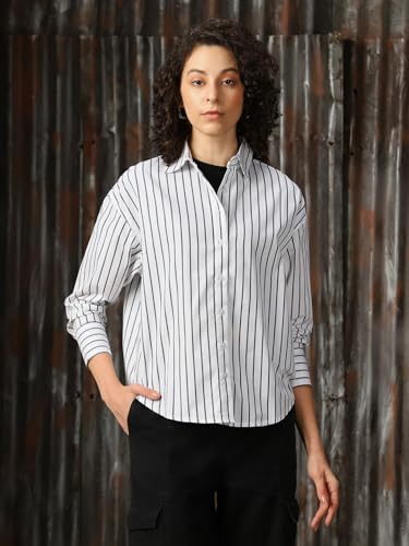 Image of High Star Women Cotton Striped Oversized Fit Collar Full Sleeves Shirts