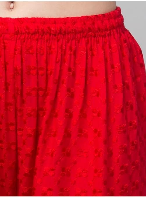 Image of Women's Palazzo Pants Rayon Trousers Chikankari Embroidered Lace Trim Wide Leg Straight Fit Flared Palazzo for Girls & Women