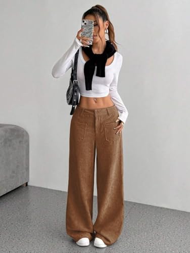 ZAFUL Women's Casual Pants Corduroy Straight Leg Lounge Pants Plain Loose Trousers Fashion Long Pants3