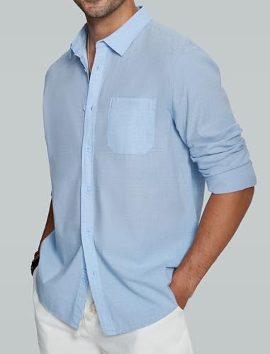 Friptspyg Leinenhemd Herren Langarm Baumwolle Leinen Hemd Herren Freizeithemden Casual Regular Fit Sommerhemd mit Tasche, Himmelblau 2XL 2