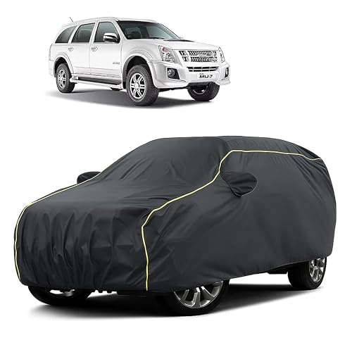 Image of Sulfar 100% Water Resistant Car Body Cover Compatible with Mirror for Isuzu MU7 (Triple Stitched, Full Bottom Elastic, Dark Grey Taffeta with Yellow Piping)