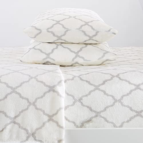 Great Bay Home Extra Soft Velvet Plush Micro Fleece Printed Sheet Set | Deluxe Microplush Non Pilling Sheets, Deep Pocket | Lavish Sherpa Velvet Luxe Collection (Twin, White/Grey)