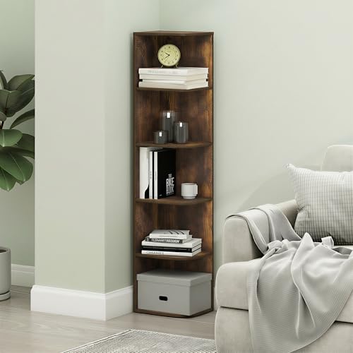 Image of Furinno PASIR Book Shelf, 5-Tier Corner Bookshelf with Open Shelf, Standing Bookcase, 9.3 x 12 x 51.7, for Organization and Storage, for Living Room, Bedroom, Home Office, Amber Pine