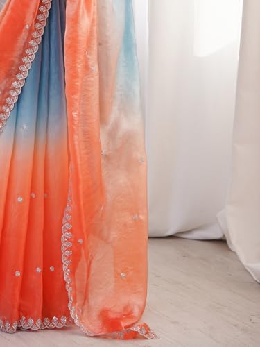 Image of AKHILAM Women's Shimmer Satin Sequence Embroidery Saree With Unstitched Blouse Piece(AARYAN21701 KR Parent)
