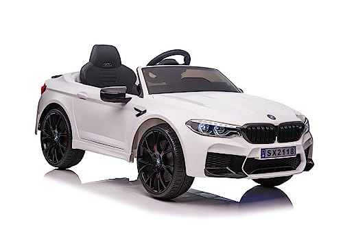 Elektro Kinderfahrzeug BMW M5 - lizenziert - 12V7A Akku, 2 Motoren- 2,4Ghz Fernsteuerung, MP3, Ledersitz+Eva (Weiss)