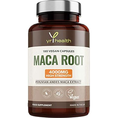 Maca Root Capsules 4000mg , 180 Vegan High Strength Peruvian Black Maca Extract Capsules, Natural Booster, Sexual Health Supplement for Men and Women - Made in the UK by YrHealth Cover