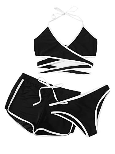 SweatyRocks Women's Three Piece Swimsuit Leaf Print Wrap Halter Top with Shorts Bikini Set