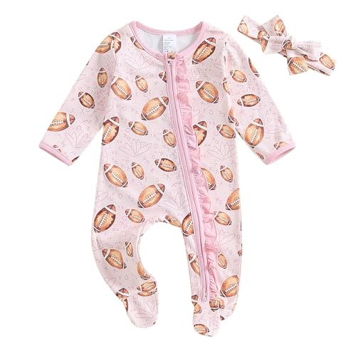Newborn Baby Girl Football Onesie Outfit Rugby Footie Romper Ruffle Long Sleeve Zip Up Jumpsuit with Headband