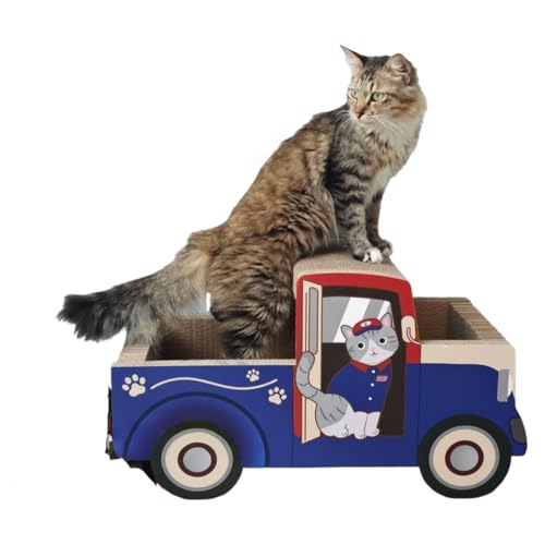 AOUTN猫の爪とぎボード、段ボール遊び場、猫用トイレ、家、木の穴、車、おもちゃ (青い郵便ピックアップトラック)