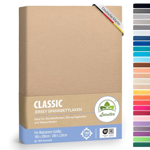 Boxspringbett & Wasserbett Spannbettlaken von leevitex® | Spannbetttuch | ÖKO-TEX | 180x200 – 200x220 cm | 100% Jersey-Baumwolle | 150 g/m² | 40 cm Steg | Sand/Cappuccino