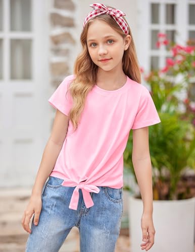 Image of Arshiner Girls Short Sleeve Shirts Tie Knot Front Tops T Shirts for Kids Crewneck Cute Casual Tie Dye Tee Blouse
