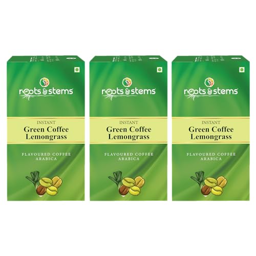 Image of roots & stems Green Coffee Lemongrass | Instant Premix Extract Powder with Probiotic | Arabica, Flavoured Coffee |100g (5gx20 Sachets) Pack of 3