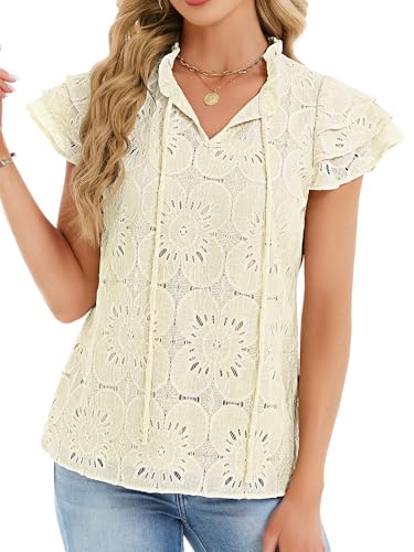Funlingo Blouses for Women Dressy Casual Ruffle Cap Sleeve Eyelet Lace Boho Tops Summer Hollow Out Embroidered Shirts Trendy Clothes 2026 Beige 3XL — view 2