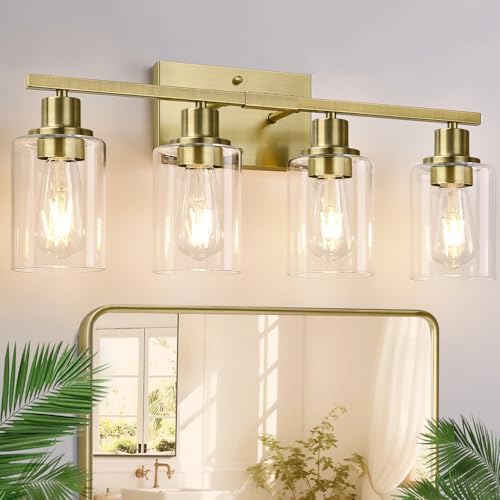 Indoi 4-Light Bathroom Light Fixtures, Brass Modern Vanity Lights with Clear Glass Shades, Bathroom Wall Lamp for Mirror Living Room Cabinet Bedroom Porch