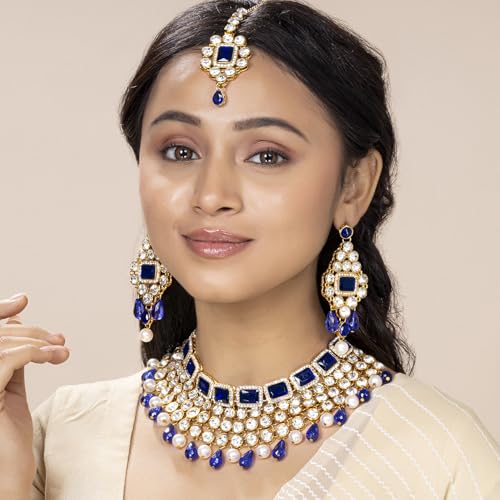 Image of Peora Crystal Choker Necklace with Maang Tikka Earrings Indian Traditional Bridal Wedding Jewellery Set for Women