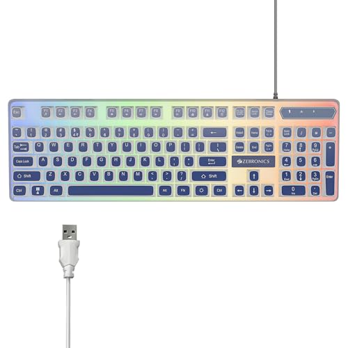 Image of Zebronics Wired Keyboard & Mouse Combo, 104-Key, 1200 DPI, ₹ Key & Multimedia Controls, Ergonomic Mouse, 1.3m Cable, Multicolor LED (War 2, White + Blue)