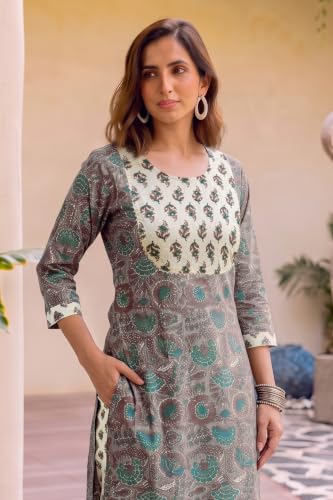 Image of MIRCHI FASHION Women's Straight Fit Pure Cotton Embellished Floral Printed Kurta Set with Dupatta and Trouser