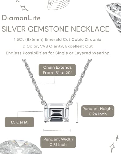 Diamonlite 1.5 Ct Cubic Zirconia Pendant Necklace For Women, 8X6Mm D Color Vvs Clarity Excellent Emerald Cut, Rhodium Plated 925 Sterling Silver Solitaire Simulated Diamond Necklace, 18"+2" Extender, Baguette Womens Silver Cz Zirconia Necklace #TOP2