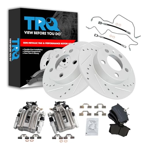 Image of TRQ Performance Rear Brake Pad and Rotor Set Semi Metallic Drilled Slotted Coated Rotors Calipers Compatible with 2007-2010 Volkswagen Beetle 1999 Golf