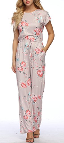 RichCoco Women's Floral Printed Jumpsuit Casual O Neck Loose Long Wide Legs Pants Jumpsuit Rompers with Pockets Khaki - Thumbnail 4