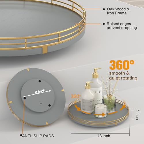Image of 13 inch Wooden Lazy Susan Turntable for Cabinet - Round Rotating Spice Rack Organizer, Gray Kitchen Countertop Tray for Dining Table & Pantry Storage(Gray & Gold)