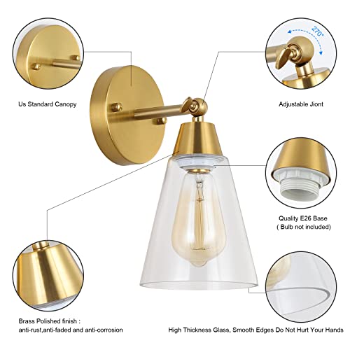 Image of MWZ Gold Wall Sconce Set of 2,Modern Brushed Brass Sconces Lighting with Clear Glass Shade,Bathroom Light Fixtures Over Mirror,Vanity Lights Over Sink,Indoor Wall Mount Adjustable Angle Lamp