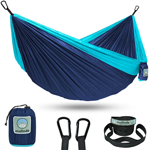 Hängematte Outdoor für 2 Personen Ink. Befestigung, Fallschirmnylon schnelltrocknend, Camping Reise Ultraleicht Hammock, Einzel- oder Doppel, 225kg Tragkraft, 305 x 200 cm, (Navy & Blue) Cover