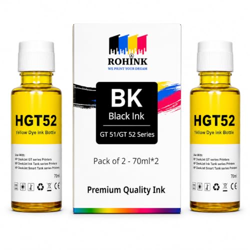 Image of ROHINK GT51 GT52 Ink Refill Dye Ink Compatible with HP Ink Tank 115, 310, 315, 319, 410, 415, 416, 419, 455, 500, 515, 530, 615, GT 5810, GT 5811, GT 5820 (HP HGT52 Yellow Pack 2)