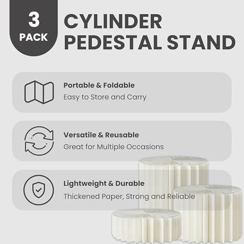 3 Pack Paper Cylinder Pedestal Cake Stands with Acrylic Disc, Foldable Buffet and Food Risers for Dessert Table Display Set, Cupcake and Dessert Stand Set for Wedding, Birthday, and Party Decor - Image 4