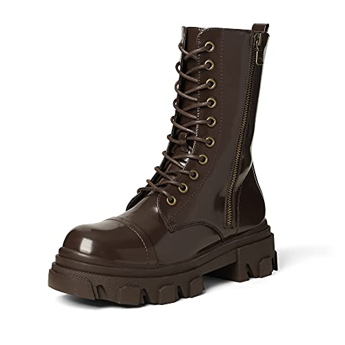 DREAM PAIRS Women's Combat Boots Lace up Mid Calf Boots Low Heel Chunky Platform Lug Sole Riding Boots Brown 7