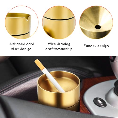 Image of DXNQ Car Ashtray with Lid, Windproof Smokeless Stainless Steel Ash Tray Butt Bucket, Detachable Self Extinguished Ashtray for Car Cup Holder Home Office Travel, Car Accessories (Golden)
