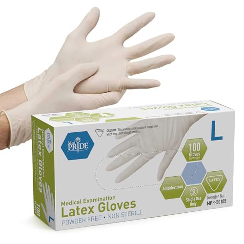 MED PRIDE Disposable Latex Medical Examination Gloves, Ambidextrous, Heavy Duty, Powder-Free, Comfortable Fit (Large, 100-Count) Ultra-Strong 5 mil Thick, Disposable Powder-Free