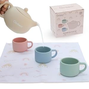 Ginbear Silicone Real Tea Party Play Set with Washable Cloth Napkin for Toddlers & Kids 1-3, Non-Toxic Unbreakable Baby Kitchen Toys for Children 12 Months+ (Beige, Blue, Green, Rosy)