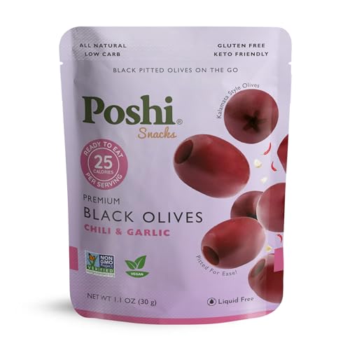 Image of POSHI Black Pitted Olive Snack Packs, Chili & Garlic, 1.1 oz (Pack of 30)