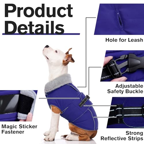 Image of Lelepet Dog Coat Reflective Waterproof Fleece Vest with Adjustable Buckle | Reflective Pet Winter Coat Turtleneck Snowsuit Windproof Cold Weather Coats for Small Medium Large Dogs,Leash Hole,Blue, L